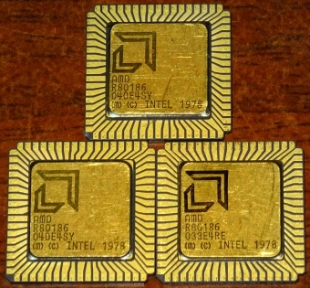 3x AMD R80186 CPUs (9886), Ceramic LCC-68, Intel 1978, Week16 1989 Malaysia